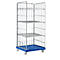 Rolkooi met drie schappen, draadframe en blauwe basis op wielen.