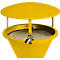 Yellow trash can with lid and grill. Lid with retaining struts, locked by padlocks.