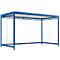 Blue and white bus shelter with glass walls.