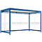 Blue bus stop with glass walls and a dot design. Roof with white corrugated metal.