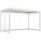 White aluminium pergola frame with glass walls and slatted roof. The pergola is free-standing.