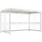 White pergola with glass walls, decorated with a dotted pattern.