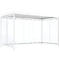 White modern gazebo with glass walls and roof. The frame is made of metal.