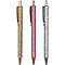Trois stylos à paillettes : or, or rose et argent, posés côte à côte.