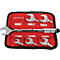 Gereedschapskist met sleutels, maatindicaties, rood interieur. Fabrikantlogo Rothenberger.