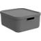 Grey storage box with lid and handle. Rectangular shape, minimalist design.