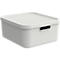 White storage box with lid, with handle, on a neutral background.