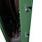 Open green gun safe door: rifle, leather straps, silver locking buttons.