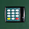 Black keypad with numbers 1 to 9, asterisk, zero and hash on a green background. On the right a black button.
