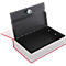 Opened secret box in the shape of a book, black, red spine, with lock.