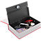 Book safe with open lid. Inside are valuables, such as smartphone, keys, banknotes and watch.