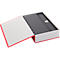 Un livre qui s'ouvre pour révéler un coffre-fort. Couverture rouge, pages blanches, coffre-fort gris avec trou de serrure.