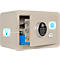 Coffre-fort beige, porte ouverte, serrure électronique, lecteur d'empreintes digitales. Logo : Rottner.