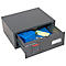 Coffre-fort gris, tiroir ouvert. Contenu : coffret bleu, smartphone, clés et documents.
