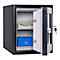 Open safe with digital lock, key, and blue safe.