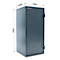 Donkergrijze kluis met deur, afmetingen en bedrijfslogo. 950 mm hoog, 450 mm breed, 440 mm diep.