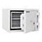 White safe, partially open, with keys. Two shelves inside.
