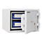 White safe with the door open, showing blue folders inside.