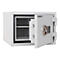 A white safe, the door is open. You can see the combination and the interior with two shelves.