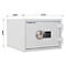 White safe with numeric keypad and handle. Dimensions 450mm x 445mm x 315mm.