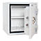 White, open safe with silver knobs and a shelf inside.
