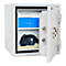 Open safe with camera, documents and blue box. White safe with black frame.