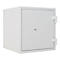 White safe, square, door with lock and hinges.