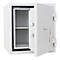 A white safe, its door open, reveals an empty interior with a shelf. Keys hang.
