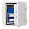 White safe, door open, key hanging. Inside, blue file folders and a blue box.
