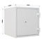 White safe with dimensions and keyhole. On white background. 460 mm high, 450 mm wide and 440 mm deep.