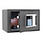 Grey safe with open door, digital keypad with blue lights. Inside: wallet and black smartwatch.