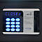 Close-up of a safe with a digital control panel. The display reads "CLOSED". Below are illuminated buttons and an RFID reader.