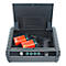 Open black pistol safe with pistol, ammunition and four buttons.