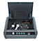 Open black safe with jewelry, sunglasses, and watches. The safe has a modern design with blue LED buttons and a fingerprint sensor.