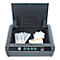 Open black safe containing medication. Inside are syringes, tablets, and a medicine package.