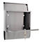 Grey, open wall mailbox, flap is open, two keys hanging.