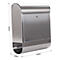Stainless steel mailbox with rounded flap, lock and dimensions. 435mm high, 385mm wide and 140mm deep.