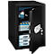 An open black safe. You can see files, money and a key. The door is half open.