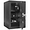 Black safe with open door, keys and accessories visible. Shelves inside.