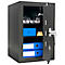 A black safe with an open door, inside are jewelry, blue folders, and a chest.