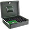 Open groene metalen kist met schuimvoering en groene slotdoos.
