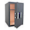 An open gray safe with digital panel. Beige inside, with shelf. The door is open, a key is inserted.