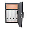 Open steel cabinet with white file folders. The door is ajar.