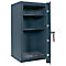 Open, dark blue safe with three shelves. The door is open on the right, and the safe is set against a white background.