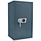 Dark blue safe with a combination lock and a rotating handle.