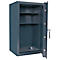 An open, empty dark blue safe with three shelves.