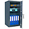Open safe with gold bars, file folders, and a small box. The door is open.