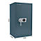 Dark blue safe with electronic keypad and handle, dimensions are indicated.