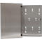 Open, metalen sleutelkast. De deur is links scharnierend en toont het interieur met haken en beugels.
