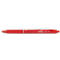 Un bolígrafo rojo con punta metálica, clip e impresión. El bolígrafo es el Pilot Frixion Clicker 07 y tiene caracteres impresos.